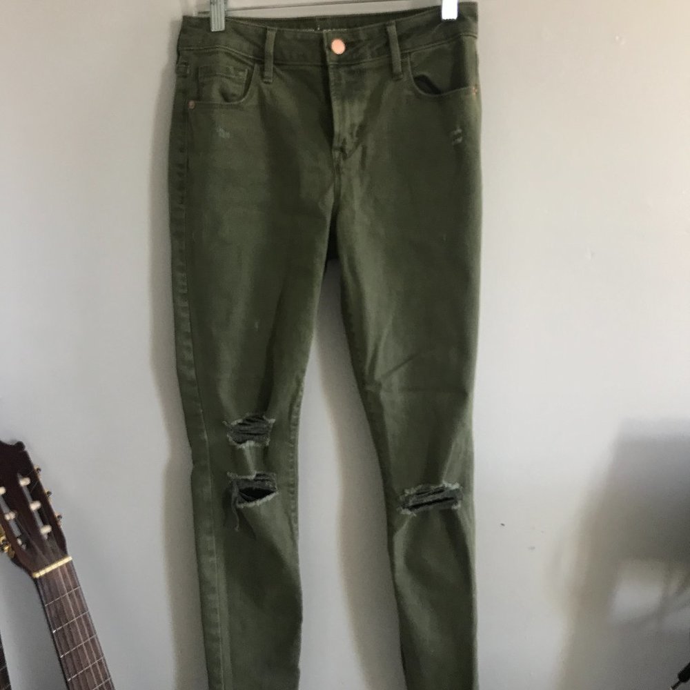 Mid-rise Olive Green/Army Green Distressed Jeans